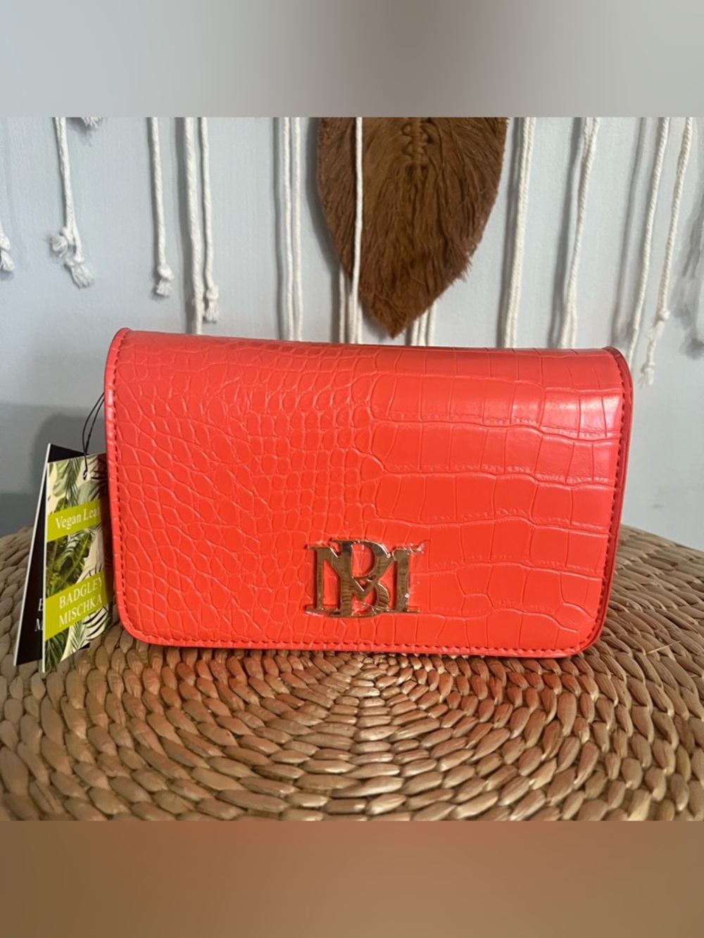 Badgley Mischka Coral Croc-Embossed Vegan Leather Crossbody Bag with Gold Logo